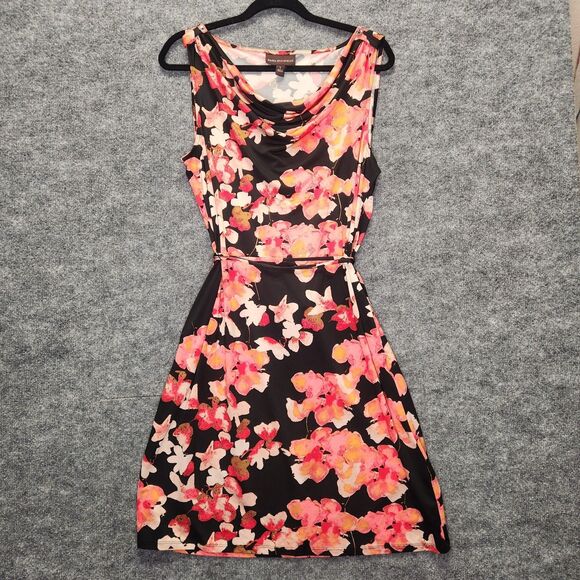 Dana Buchman Floral Dress Large Draped Neck Sleeveless Belted Black Pink Flowers - Picture 1 of 8